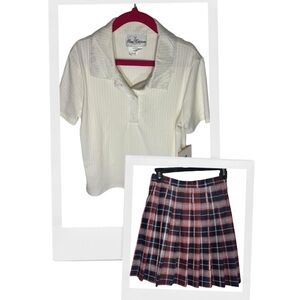 Rare Editions‎ New White Ribbed Shirt and Plaid Pleated Skirt Set Girls Size 12